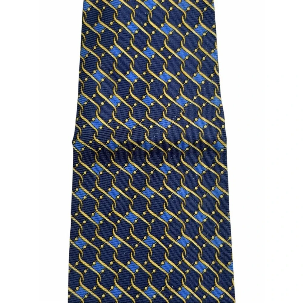 Gianni Versace Navy Gold Medusa Silk Tie Geometric Chain Pattern Italy Necktie
